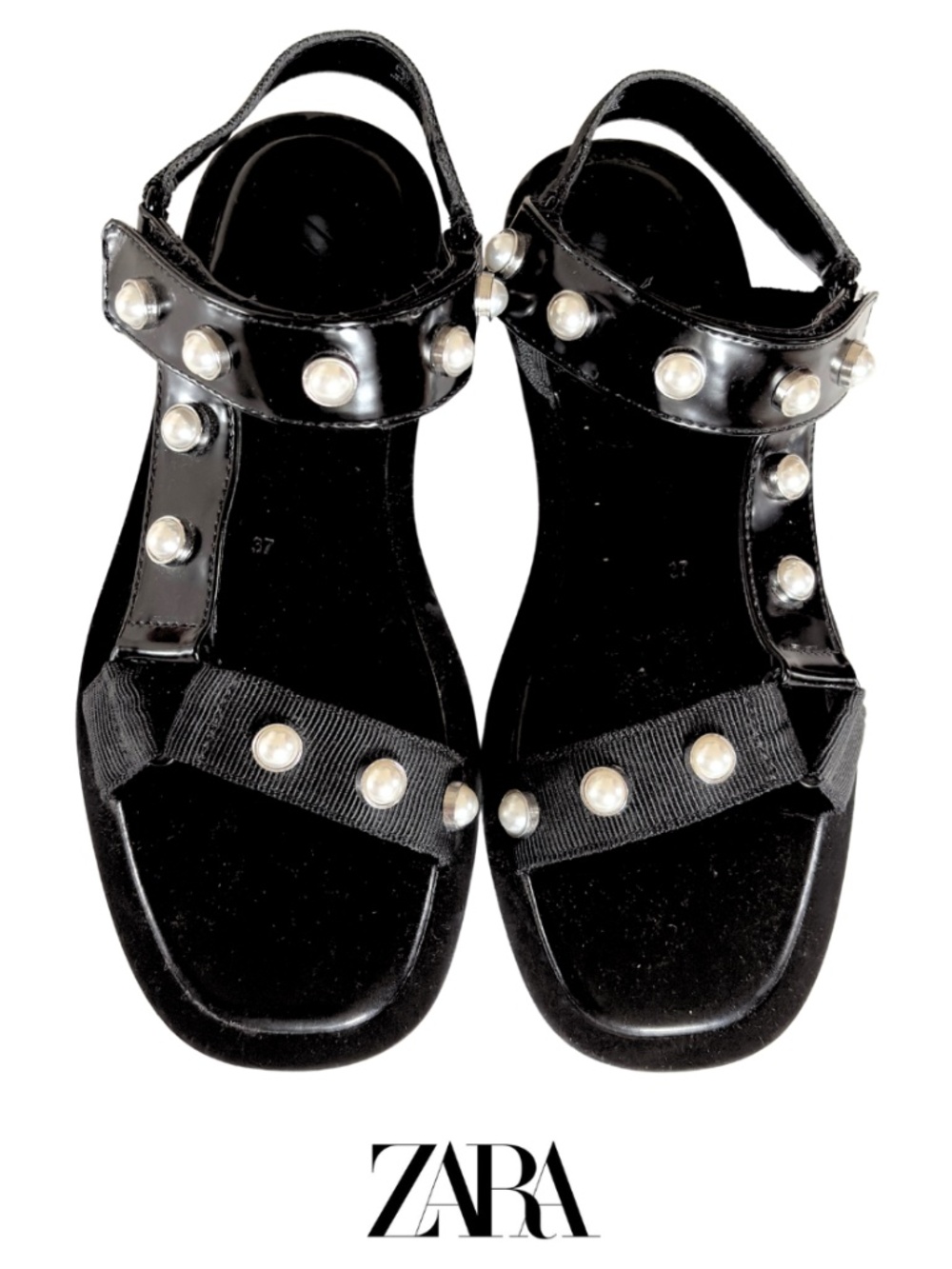 Zara Pearl-Studded Sport Sandals — Black Patent | EU 37